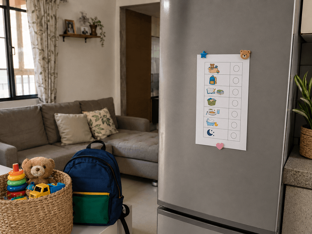 Simple responsibility chart and school routine setup for children at home