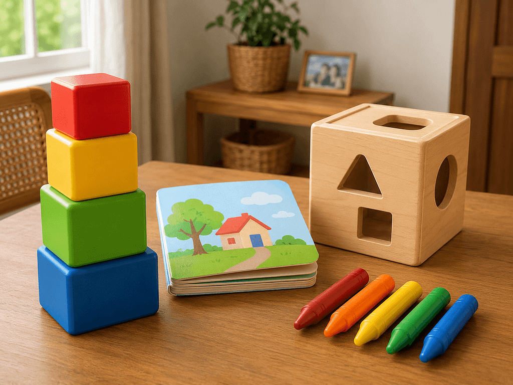 Safe toddler toys including blocks, books, shape sorter, and crayons