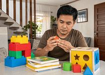 Filipino parent checking safe toys for a child