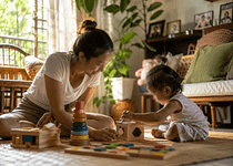 Filipino toddler playing with educational toys at home