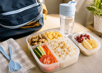 Healthy baon for Filipino school kids with rice, fruit, and water