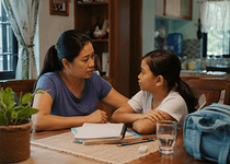 Filipino mother talking calmly with child about school safety