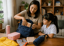 Filipino parent preparing school items for a rainy school day