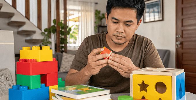 Filipino parent checking safe toys for a child