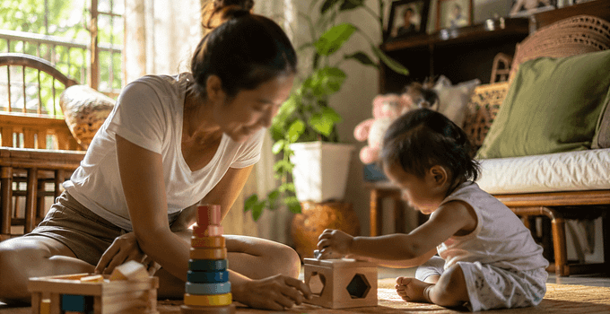 Filipino toddler playing with educational toys at home