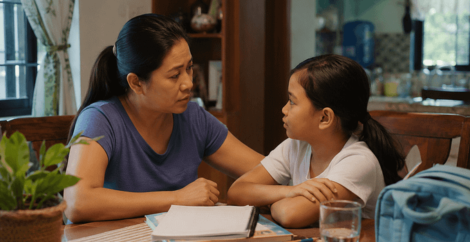 Filipino mother talking calmly with child about school safety