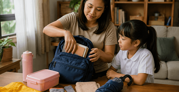 Filipino parent preparing school items for a rainy school day